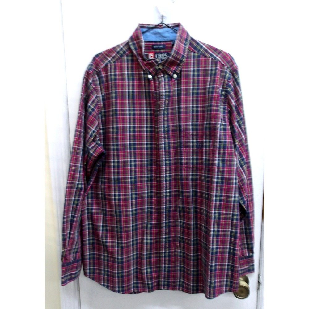 Chaps Large Easy Care Plaid Button Down Shirt Purple Green Long Sleeve L /#26351